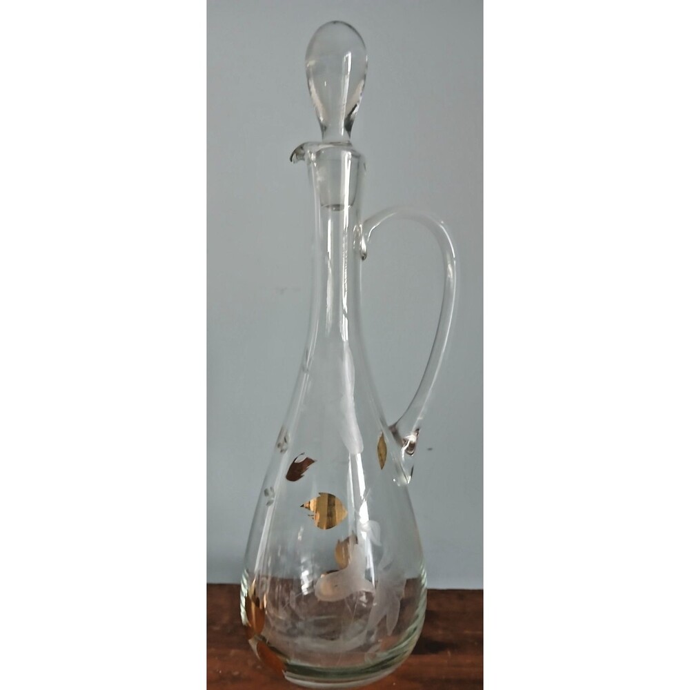 Vtg Mid-Century Glass Wine Decanter Etched Floral Leaf Design w Gold Trim MCM